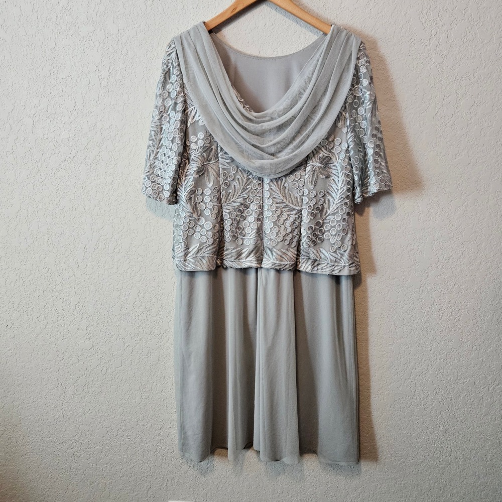 Alex Evenings Silver Gray Embroidered Lace Cowl Back Formal Dress 14 - Picture 2 of 10
